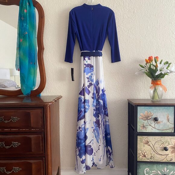 New Chetta B Maxi Dress 6 / 8 Watercolor Floral Navy Blue Winter White Gown NWT - Picture 4 of 13